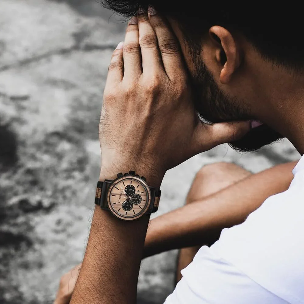 Men's Black Wood Stainless Steel Combined Chronograph Military Quartz Watches